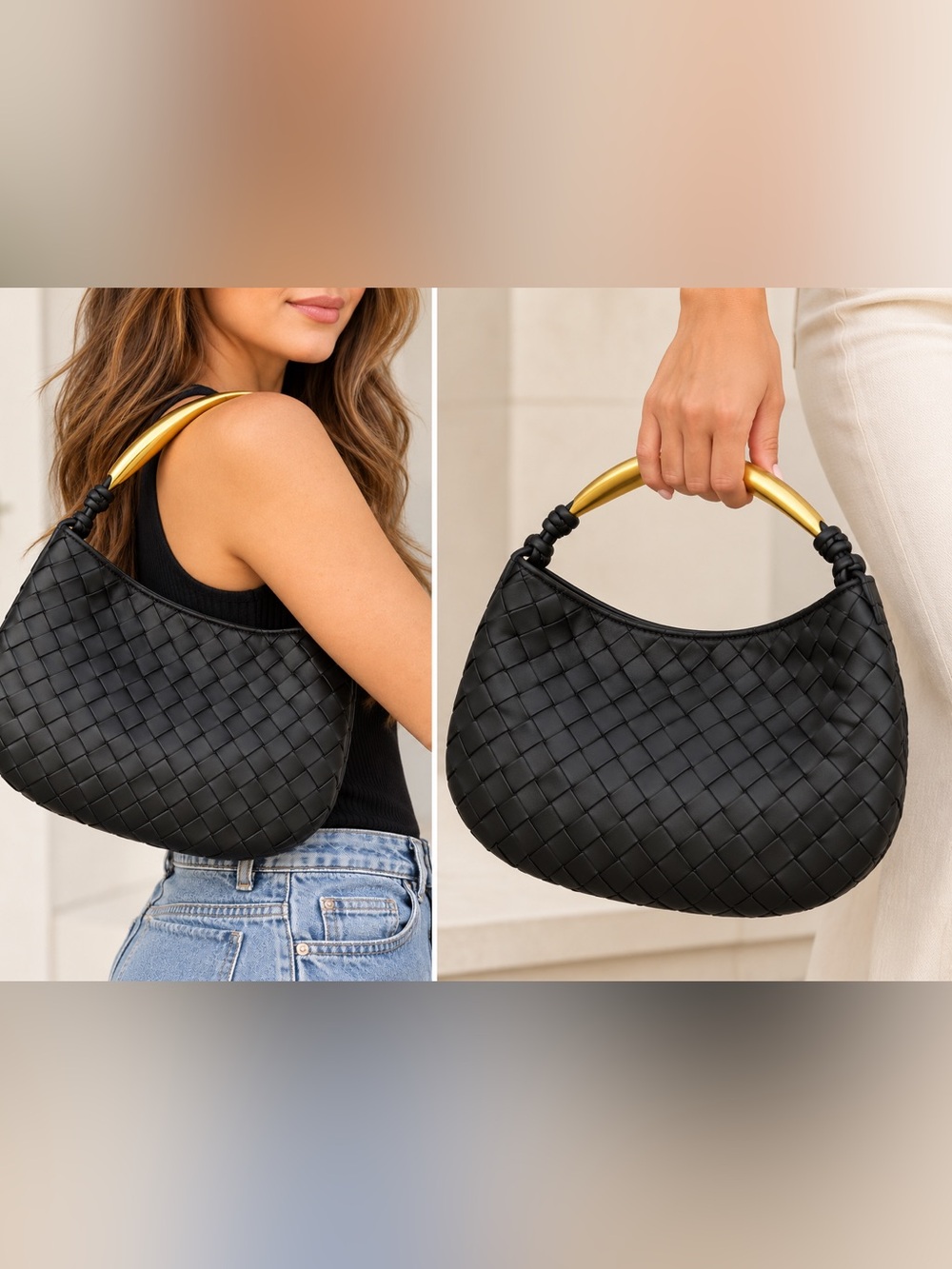 Black Woven Fashion Bag with Gold-Tone Handle